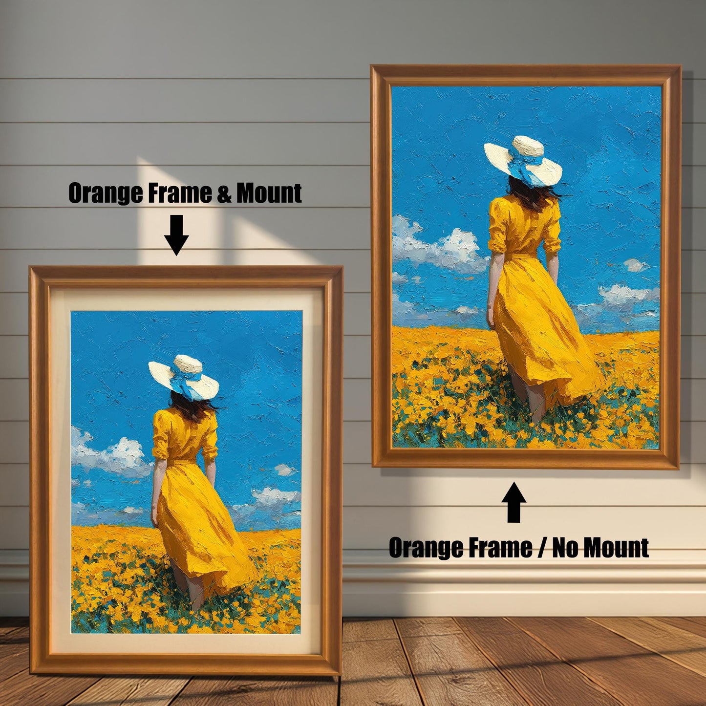 A side-by-side comparison of a framed art print. The left image shows the print in a thick orange frame with a white mat, and the right image shows the print in a thinner orange frame without a mat.