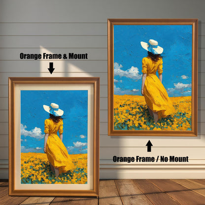 A side-by-side comparison of a framed art print. The left image shows the print in a thick orange frame with a white mat, and the right image shows the print in a thinner orange frame without a mat.