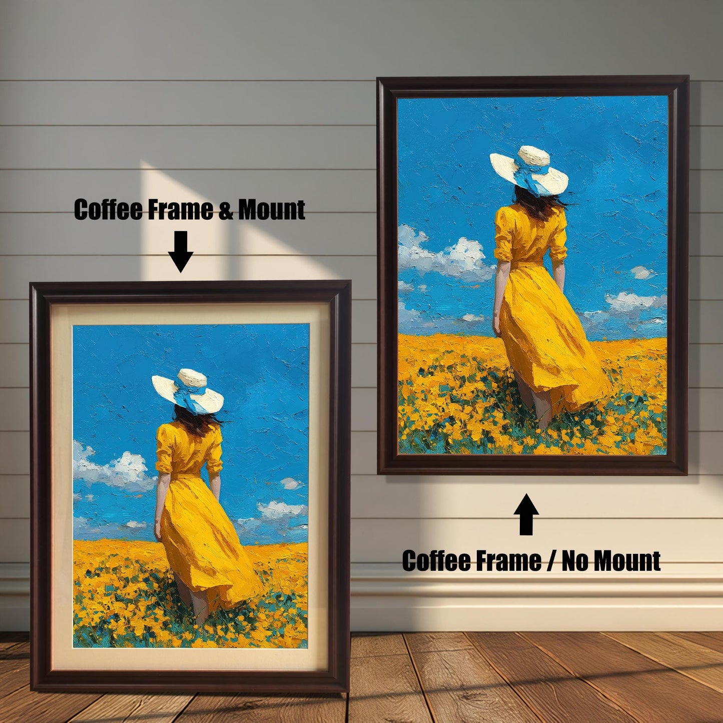 A side-by-side comparison of a framed art print. The left image shows the print in a thick coffee-colored frame with a white mat, and the right image shows the print in a thinner coffee frame without a mat.