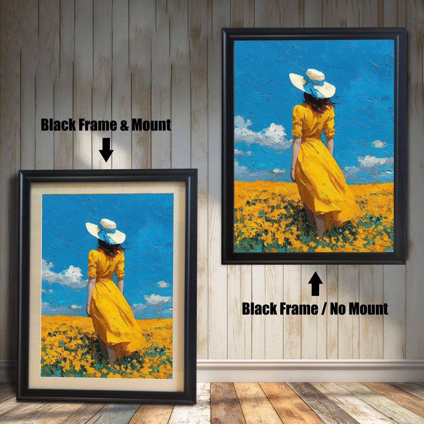 A side-by-side comparison of a framed art print. The left image shows the print in a thick black frame with a white mat, and the right image shows the print in a thinner black frame without a mat.