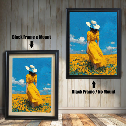 A side-by-side comparison of a framed art print. The left image shows the print in a thick black frame with a white mat, and the right image shows the print in a thinner black frame without a mat.