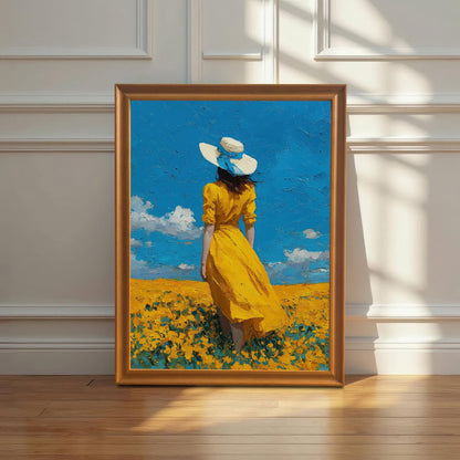 A framed oil painting of a woman in a long yellow dress and white hat, seen from behind, standing in a field of yellow flowers under a blue sky.