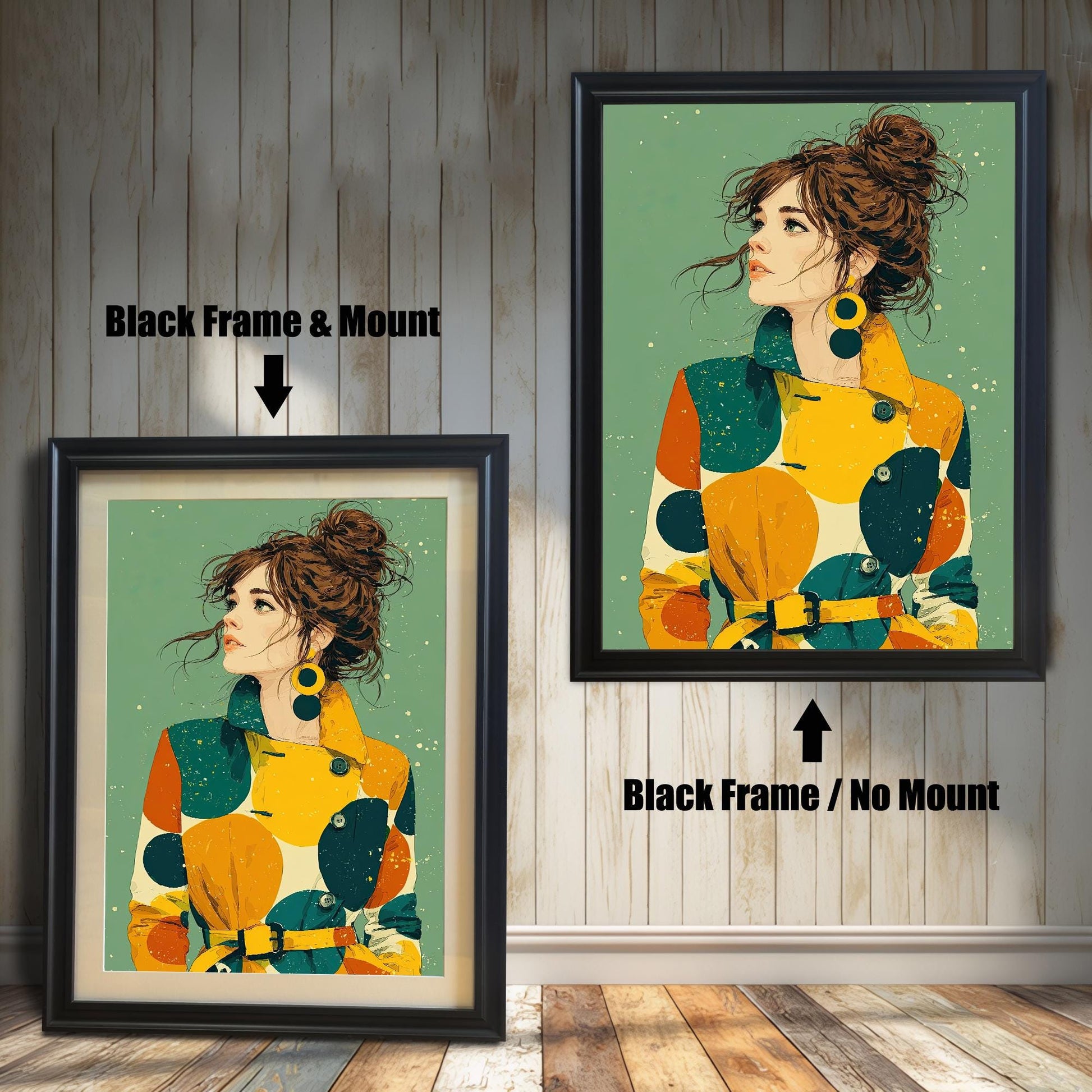 Two framed art prints on a wood floor against a white wall. The left has a black frame with a mount, and the right has a black frame without a mount. Both feature a portrait of a woman in a colorful coat.