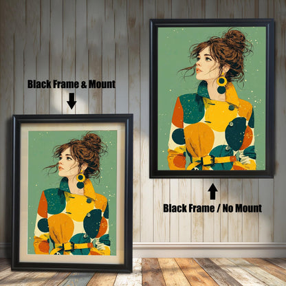 Two framed art prints on a wood floor against a white wall. The left has a black frame with a mount, and the right has a black frame without a mount. Both feature a portrait of a woman in a colorful coat.