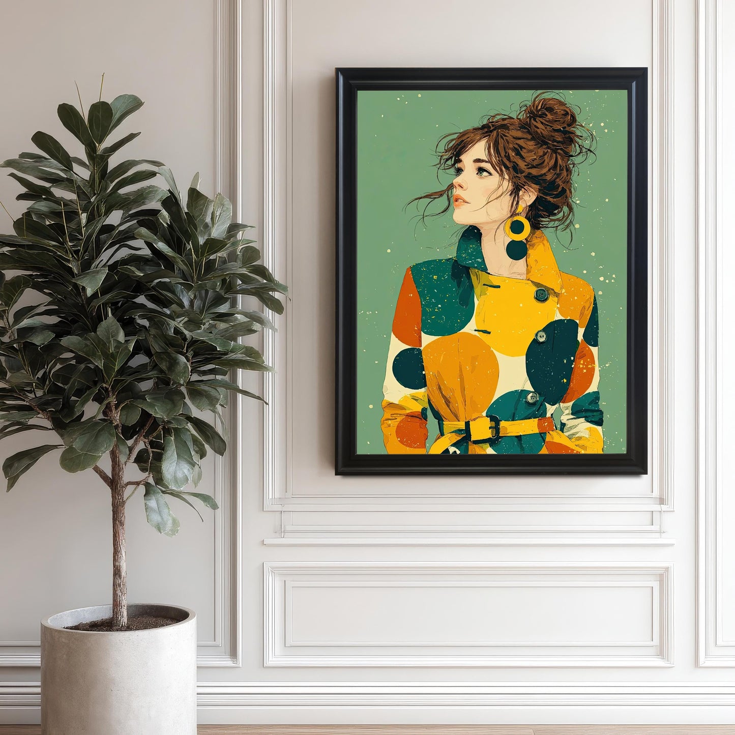 A single art print in a black frame hanging on a white paneled wall next to a large potted plant. The print is a portrait of a woman in a colorful, polka-dot coat.