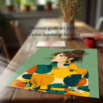 A close-up, angled shot of an unframed print of a woman in a colorful coat lying on a wooden table. Text lists "Museum-grade art paper" and "Epson 12-color giclee print."
