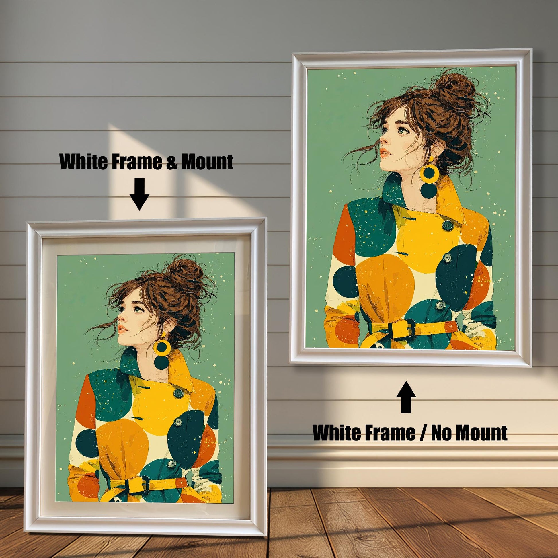 Two framed art prints on a wood floor against a white wall. The left has a white frame with a mount, and the right has a white frame without a mount. Both feature a portrait of a woman in a colorful coat.