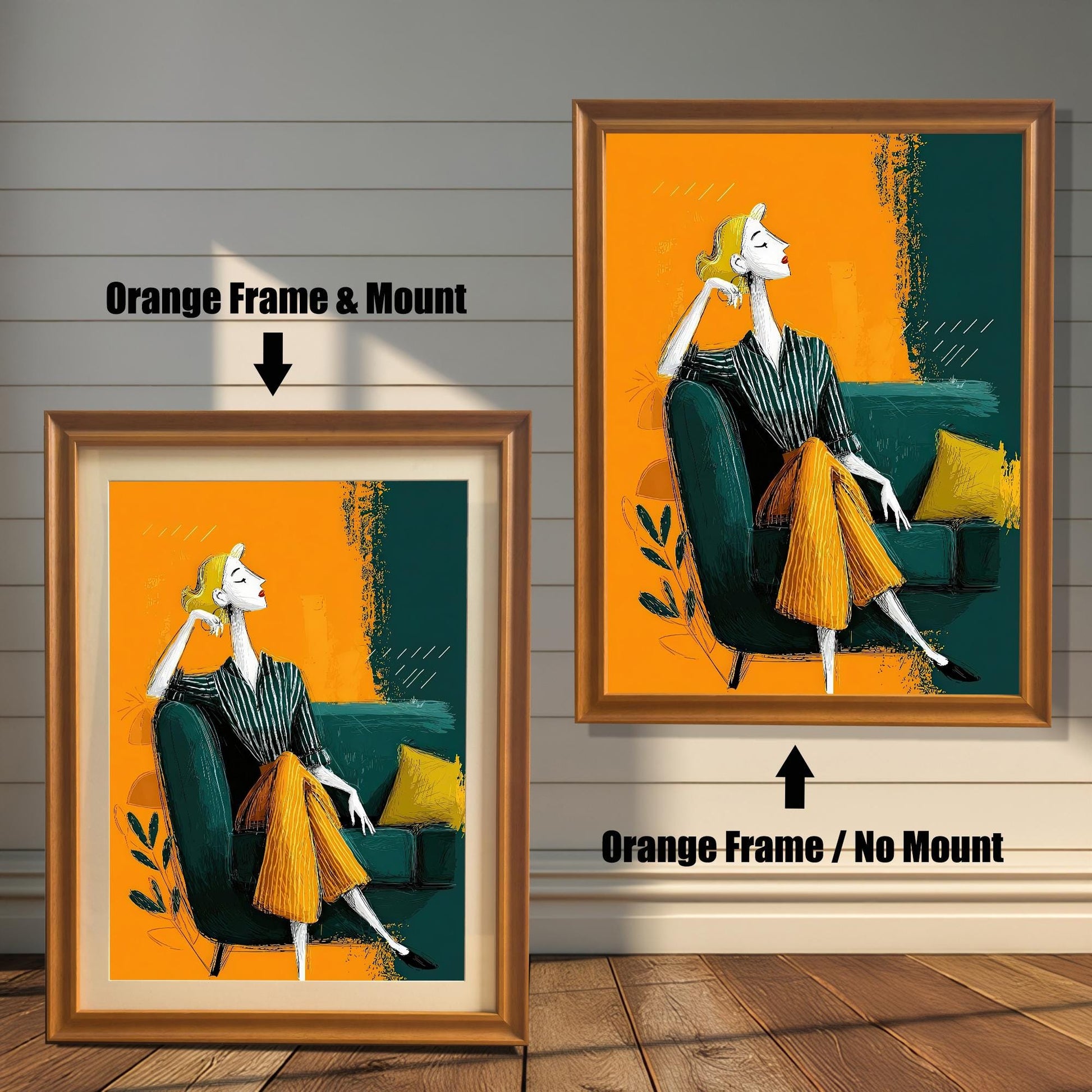 Two wall art prints in orange frames on a wood floor. The left version has a mount, and the right version does not. The print features a woman on a couch.
