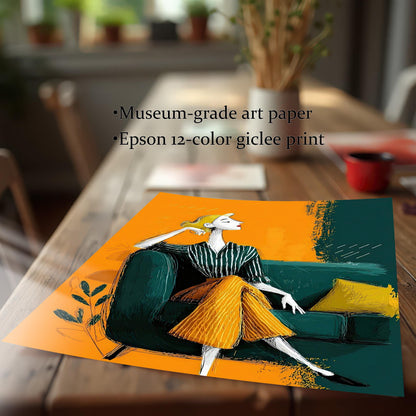 A close-up, angled shot of an unframed art print lying on a wooden table. The text lists "Museum-grade art paper" and "Epson 12-color giclee print."