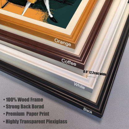 A close-up, angled view of four different frame colors: orange, coffee, white, and black. A ruler indicates the frame width is 0.9 inches. Text lists product features, including "100% Wood Frame" and "Highly Transparent Plexiglass."