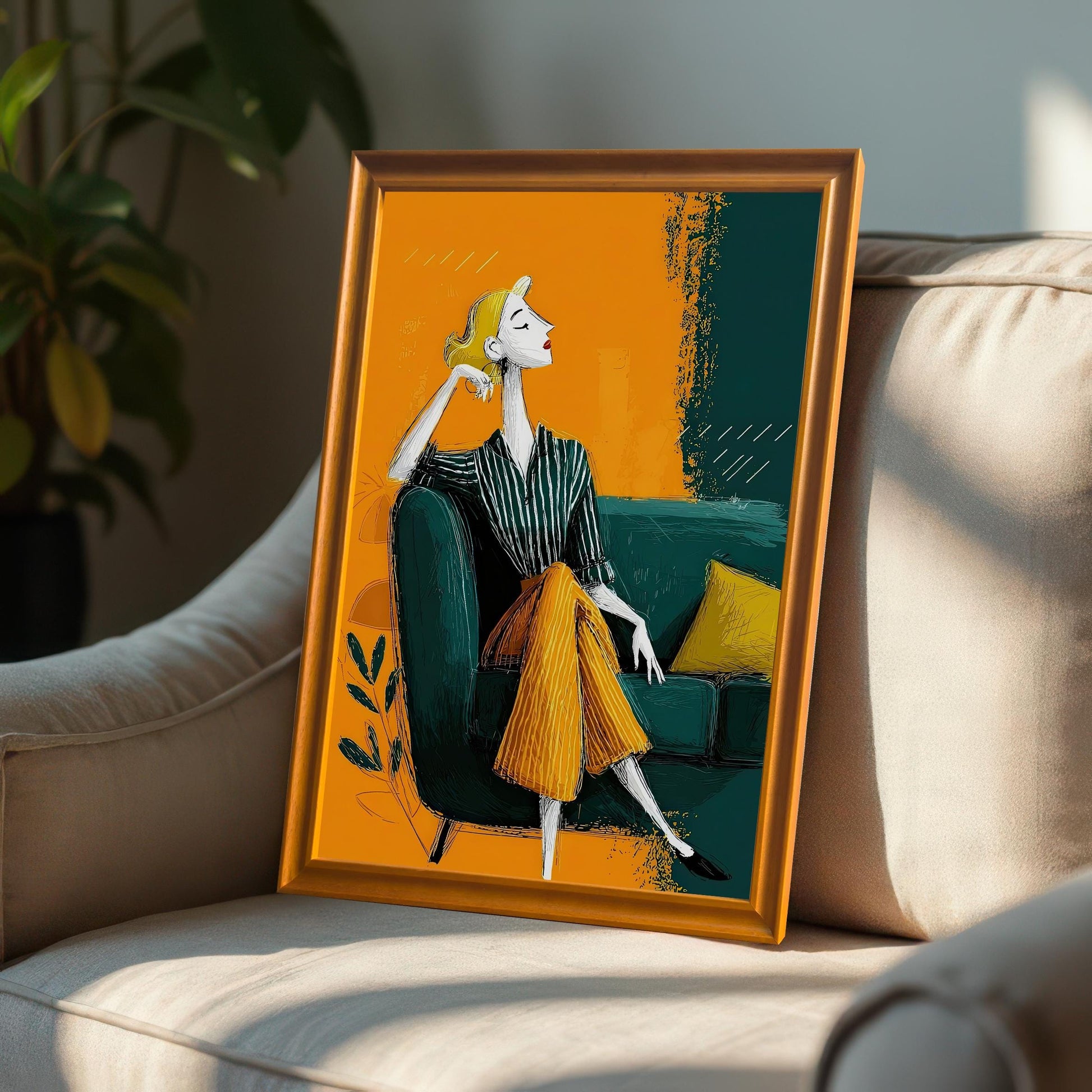 An art print in an orange frame leaning against a beige armchair. The print features a woman sitting on a green couch with a yellow pillow.