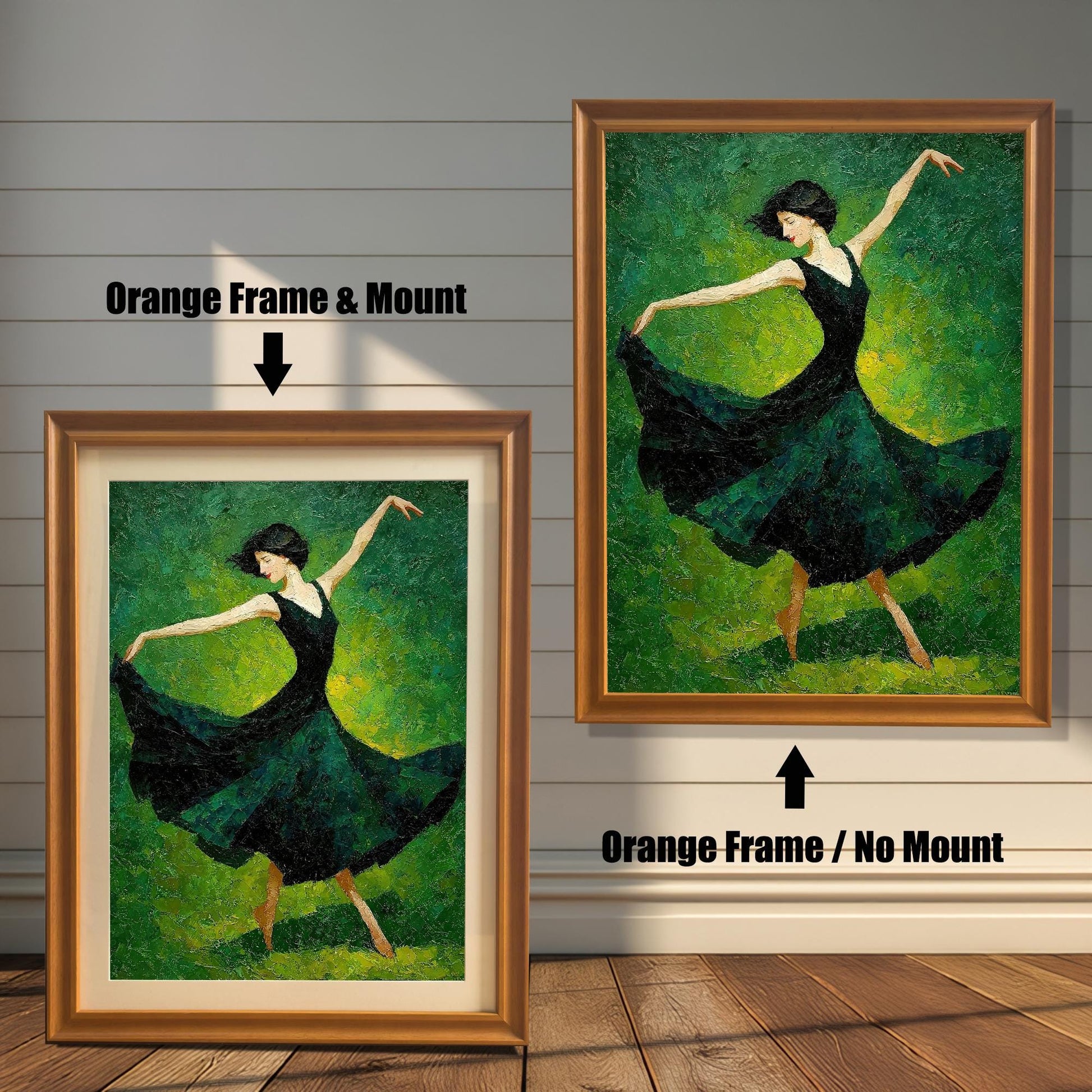 A painting of a female dancer in a dark green dress against a green background. The image shows two framing options: a light brown "orange" frame with a white mat and a light brown frame with no mat.