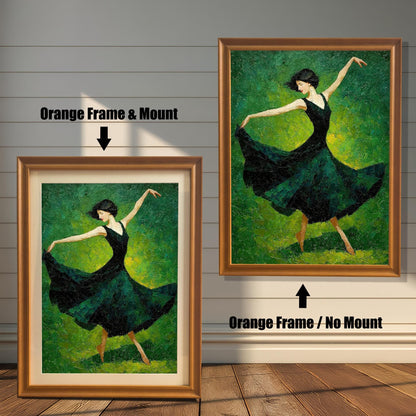 A painting of a female dancer in a dark green dress against a green background. The image shows two framing options: a light brown "orange" frame with a white mat and a light brown frame with no mat.