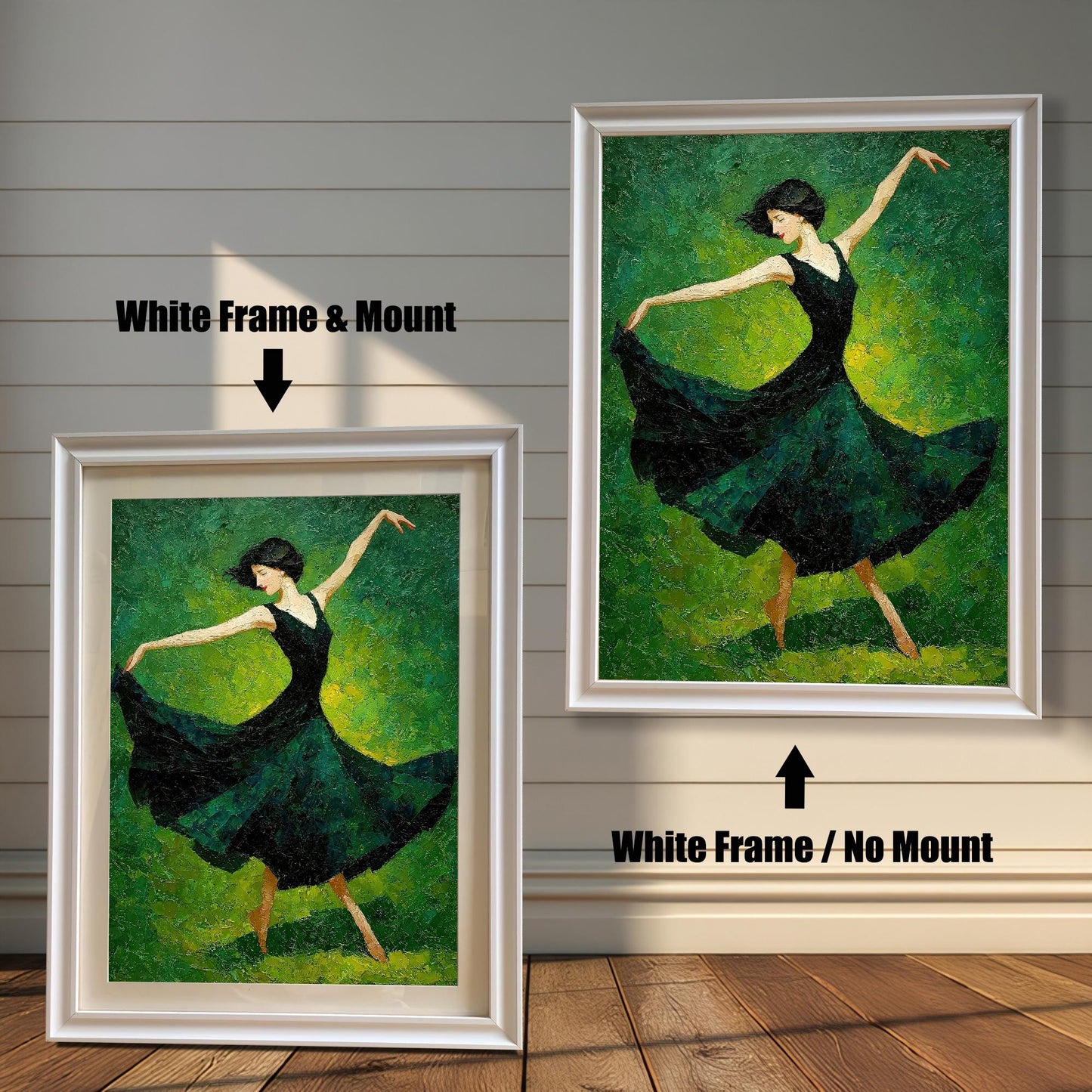 A painting of a female dancer in a dark green dress against a green background. The image shows two framing options: a white frame with a white mat and a white frame with no mat.