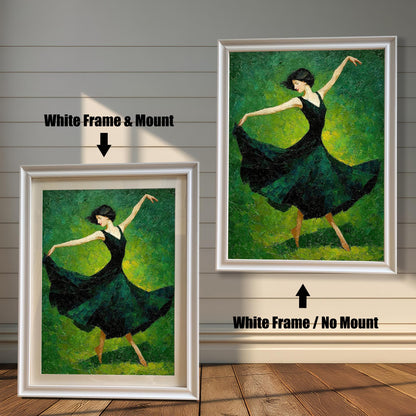 A painting of a female dancer in a dark green dress against a green background. The image shows two framing options: a white frame with a white mat and a white frame with no mat.