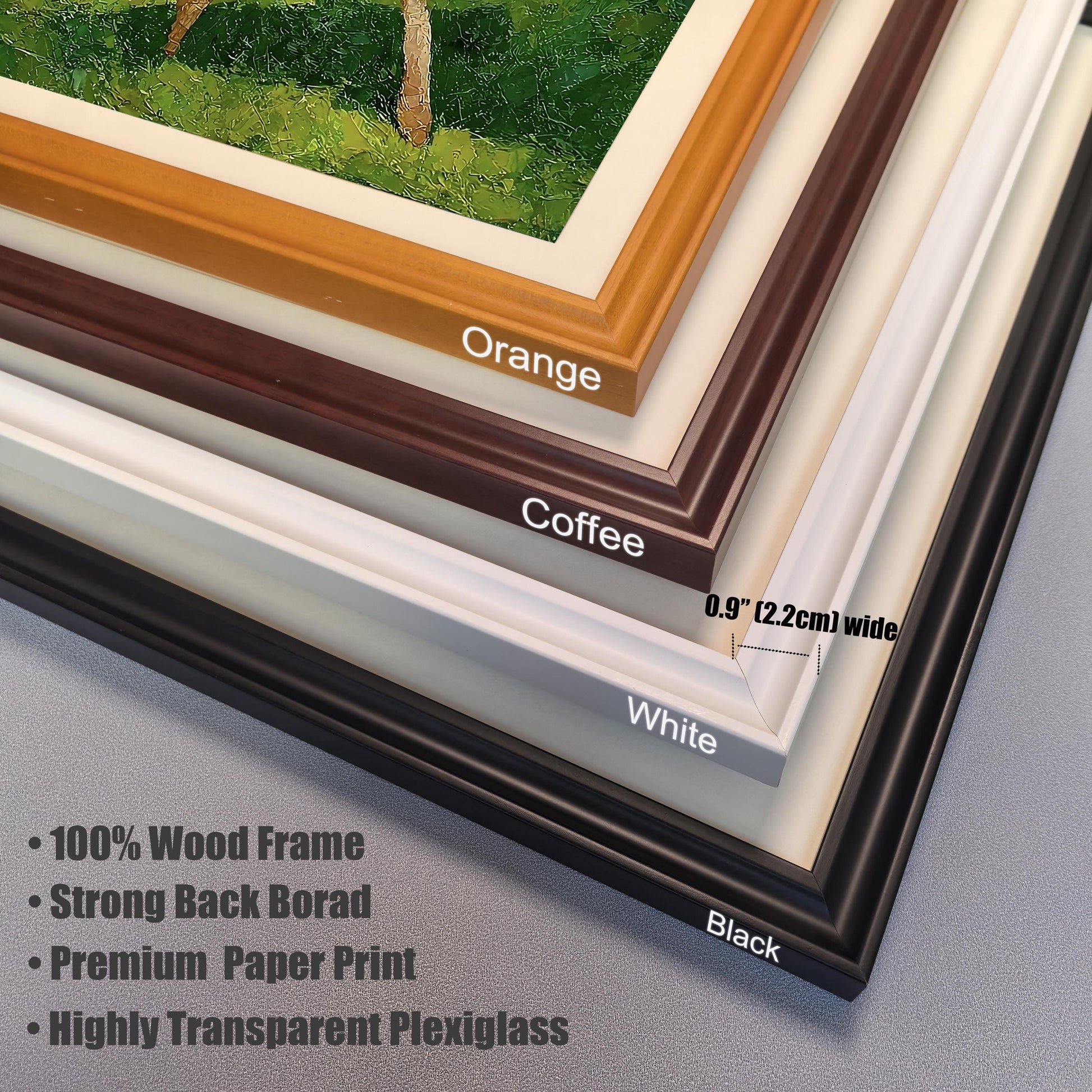 A close-up of four different wood picture frames, stacked to show the corner and side profile of each. The colors are orange, coffee, white, and black, with dimensions listed as 0.9" (2.2cm) wide.
