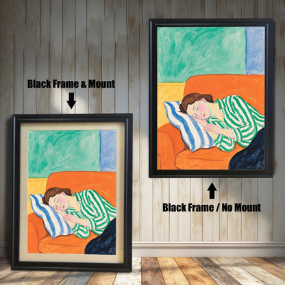 A painting of a woman sleeping on an orange sofa with a blue and white striped pillow. The image shows two framing options: a black frame with a white mat and a black frame with no mat.