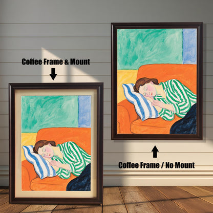 A painting of a woman sleeping on an orange sofa with a blue and white striped pillow. The image shows two framing options: a dark brown "coffee" frame with a white mat and a dark brown frame with no mat.