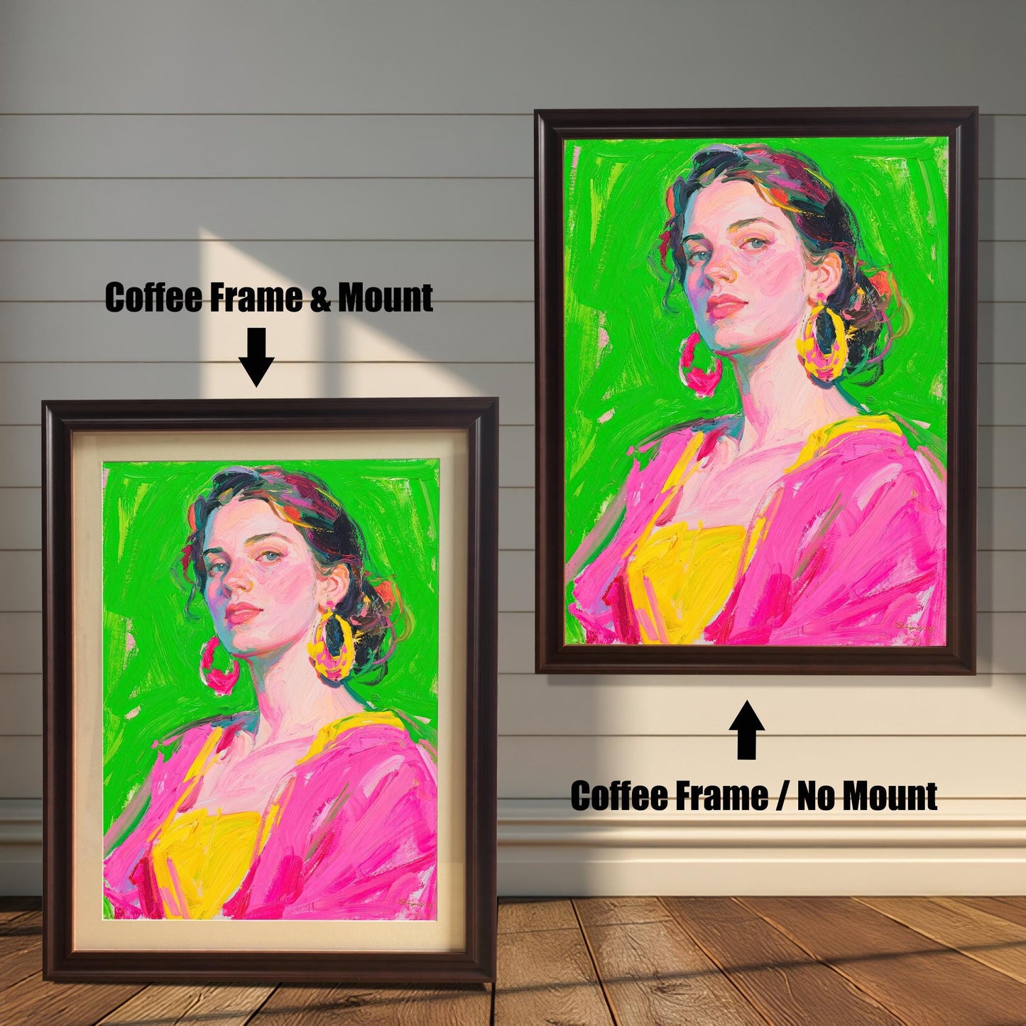 Two framed art pieces are shown side by side against a paneled wall. One is a "Coffee Frame & Mount," and the other is a "Coffee Frame / No Mount," showing the effect of a mat.