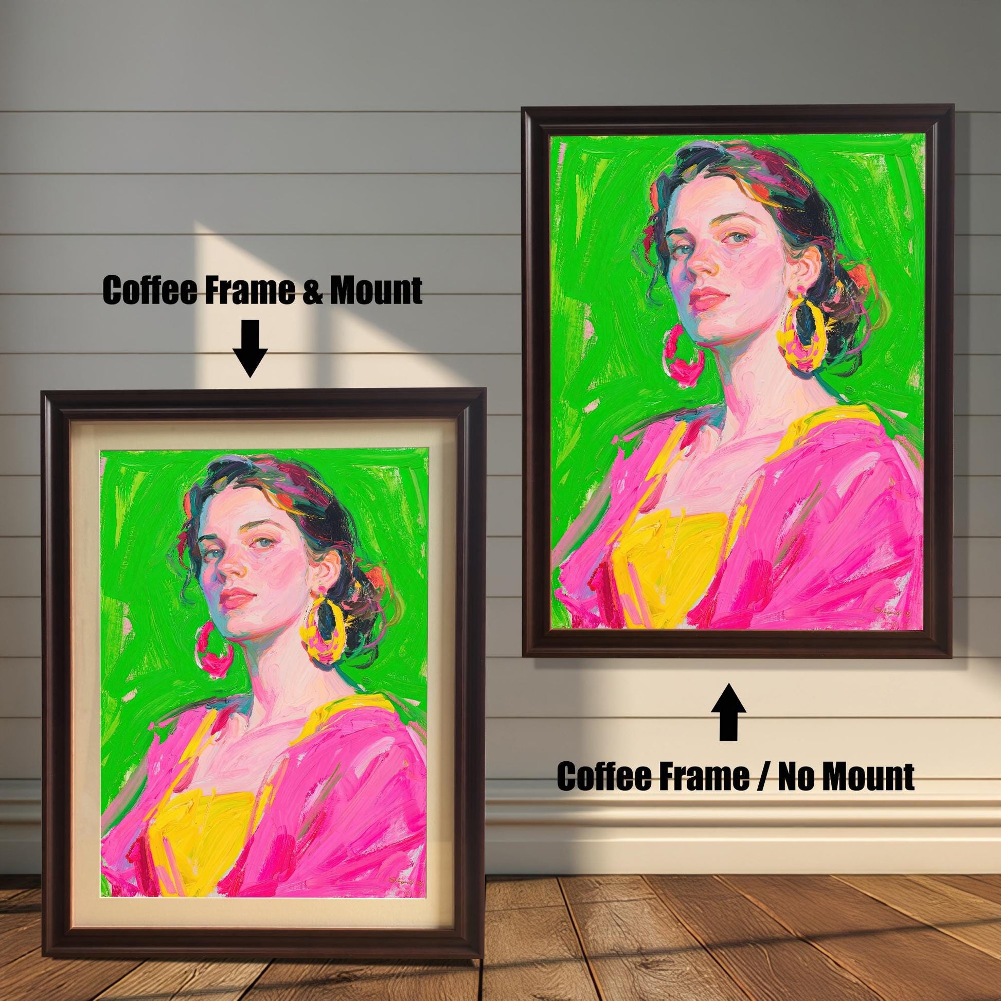 Two framed art pieces are shown side by side against a paneled wall. One is a "Coffee Frame & Mount," and the other is a "Coffee Frame / No Mount," showing the effect of a mat.