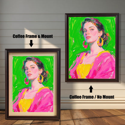 Two framed art pieces are shown side by side against a paneled wall. One is a "Coffee Frame & Mount," and the other is a "Coffee Frame / No Mount," showing the effect of a mat.