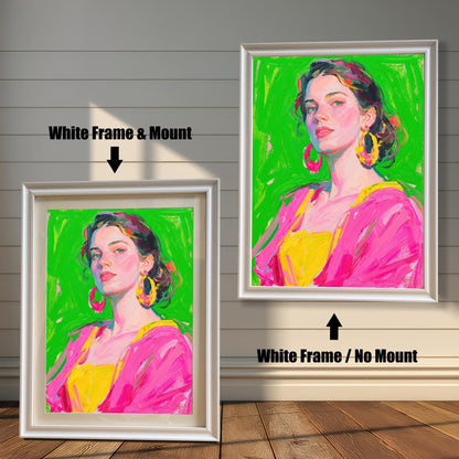 Two framed art pieces are shown side by side against a paneled wall. One is a "White Frame & Mount," and the other is a "White Frame / No Mount," demonstrating the effect of a mat.