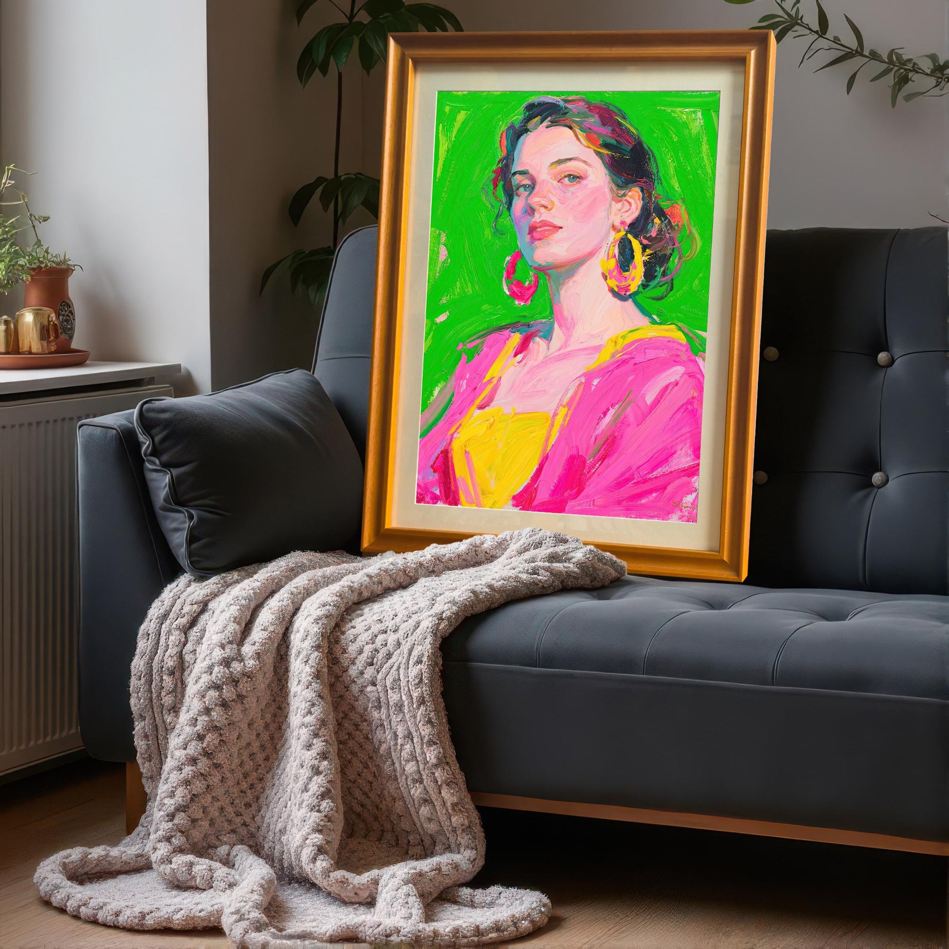 A vibrant, colorful portrait of a woman leaning against a dark gray couch. The framed art piece has a wide gold frame and is resting on a cozy, knit throw blanket.