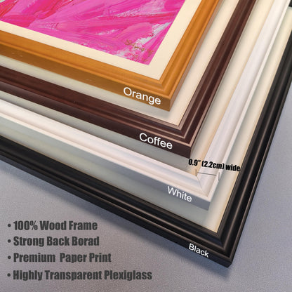 A detailed close-up of four different wood frames in various colors: orange, coffee, white, and black. A measurement indicates the frame width is 0.9 inches.