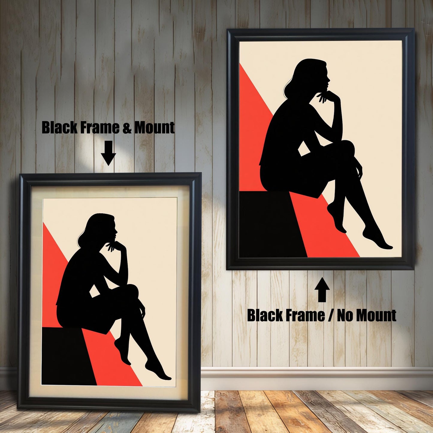 Two black-framed prints are shown side by side against a paneled wall. One is labeled "Black Frame & Mount," and the other is "Black Frame / No Mount," demonstrating the effect of a mat.