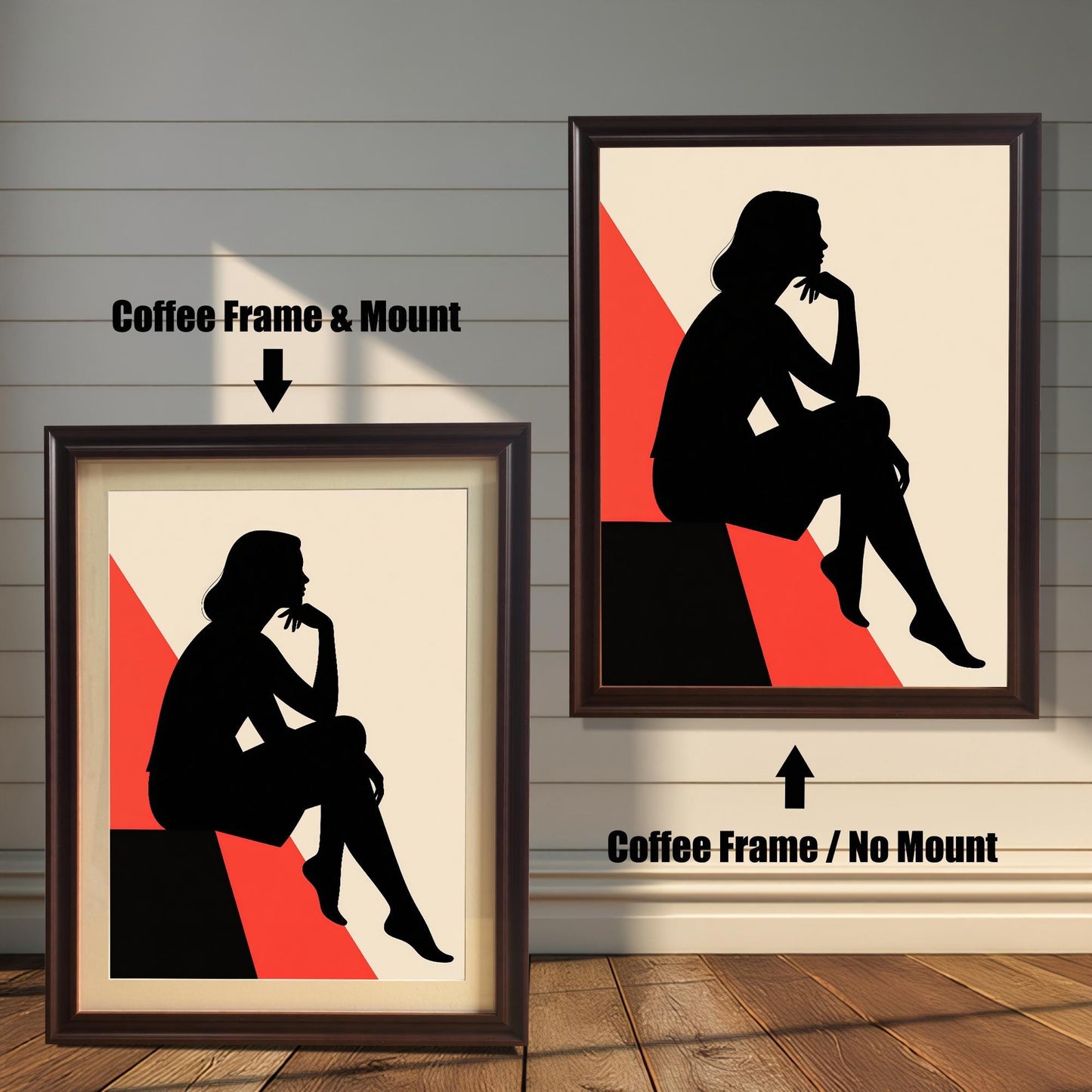 Two coffee-colored framed prints are shown side by side against a paneled wall. One is labeled "Coffee Frame & Mount," and the other is "Coffee Frame / No Mount," showing the effect of a mat.