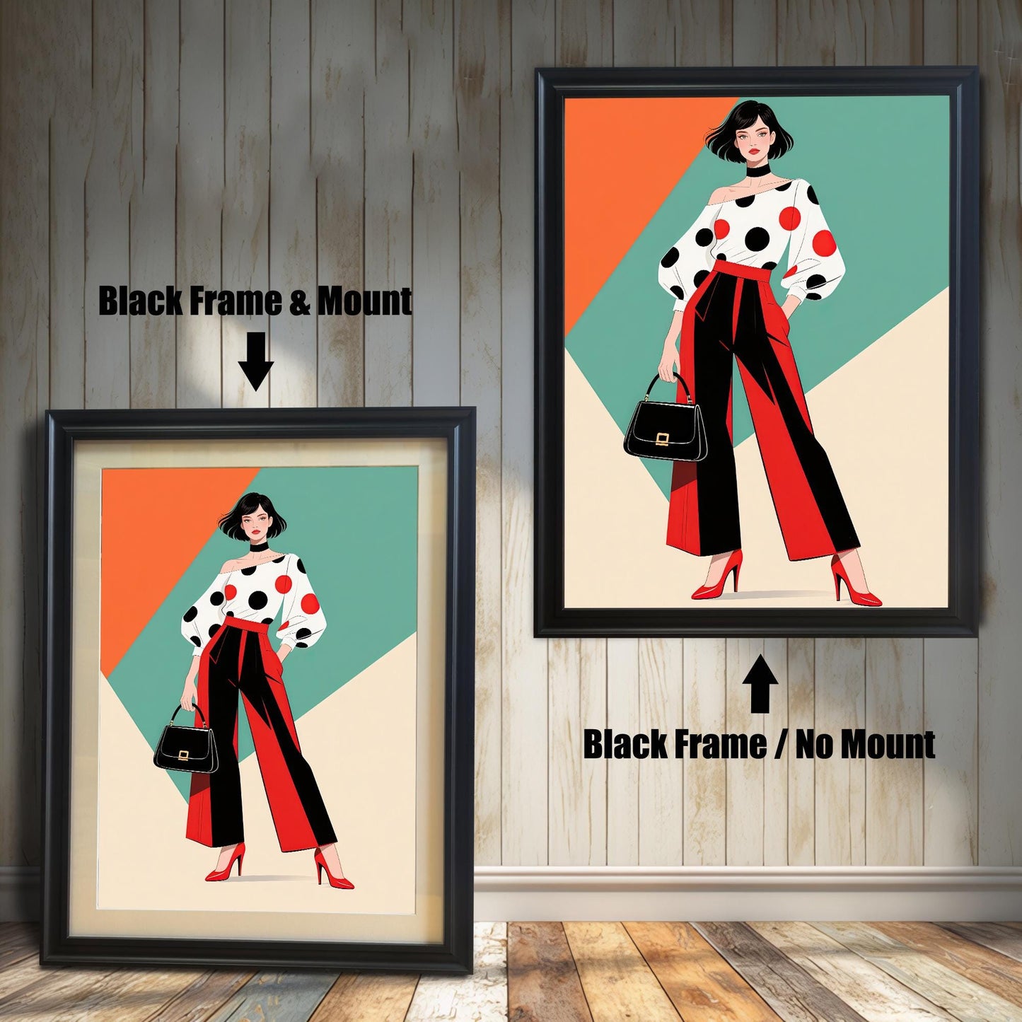 Two framed prints are shown side by side against a paneled wall. One is a "Black Frame & Mount," and the other is a "Black Frame / No Mount," showing the effect of a mat.