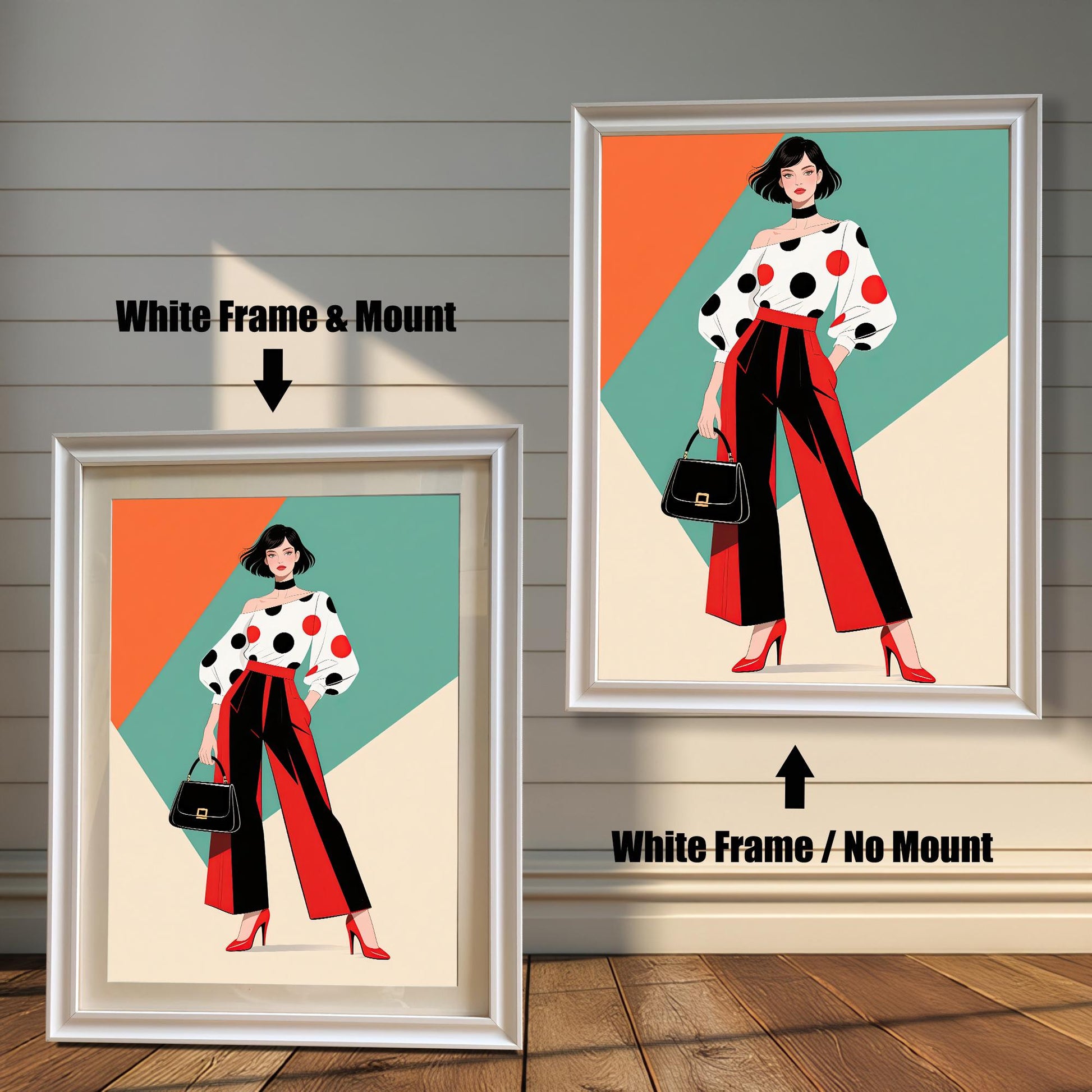 Two framed prints are shown side by side against a paneled wall. One is a "White Frame & Mount," and the other is a "White Frame / No Mount," showing the effect of a mat.