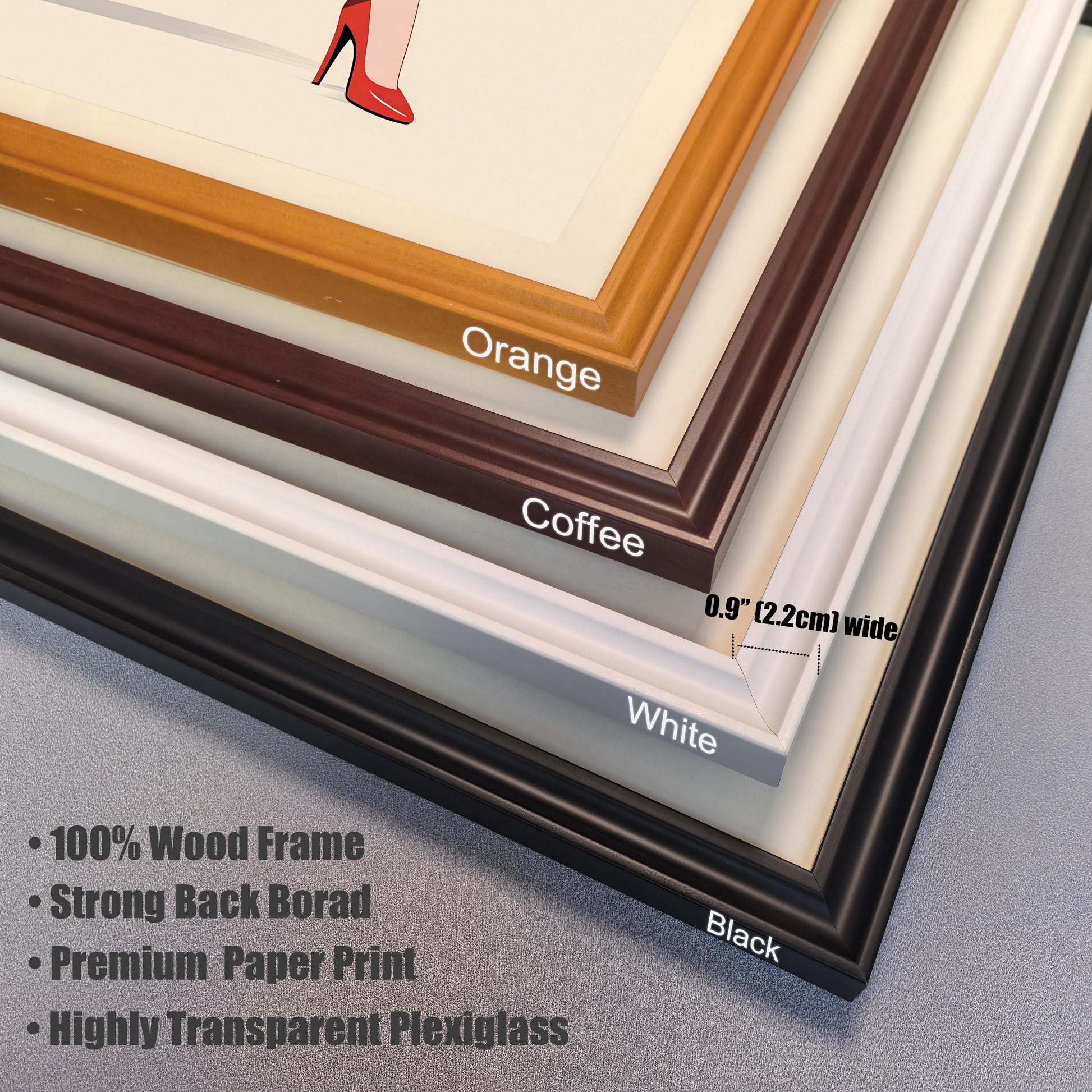 A detailed close-up of four different wood frames in various colors: orange, coffee, white, and black. A ruler indicates the frame width is 0.9 inches.