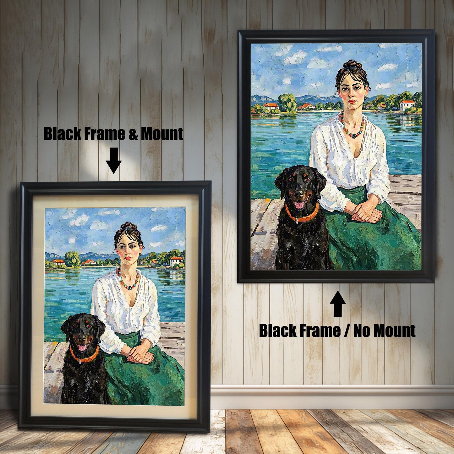 Two framed oil paintings of a woman and a black dog on a dock. One has a black frame and white mat, labeled "Black Frame & Mount." The other, labeled "Black Frame / No Mount," has a black frame with no mat.