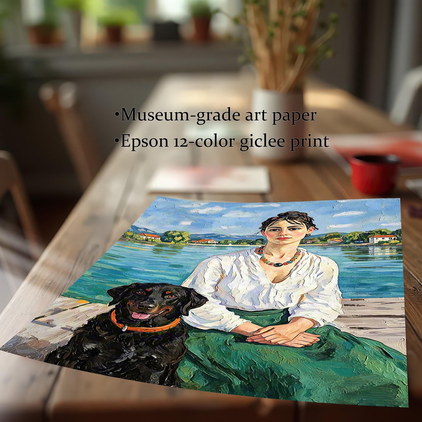 A loose art print of a woman and a black dog lying on a wooden table. The text "Museum-grade art paper" and "Epson 12-color giclee print" is overlaid on the image.