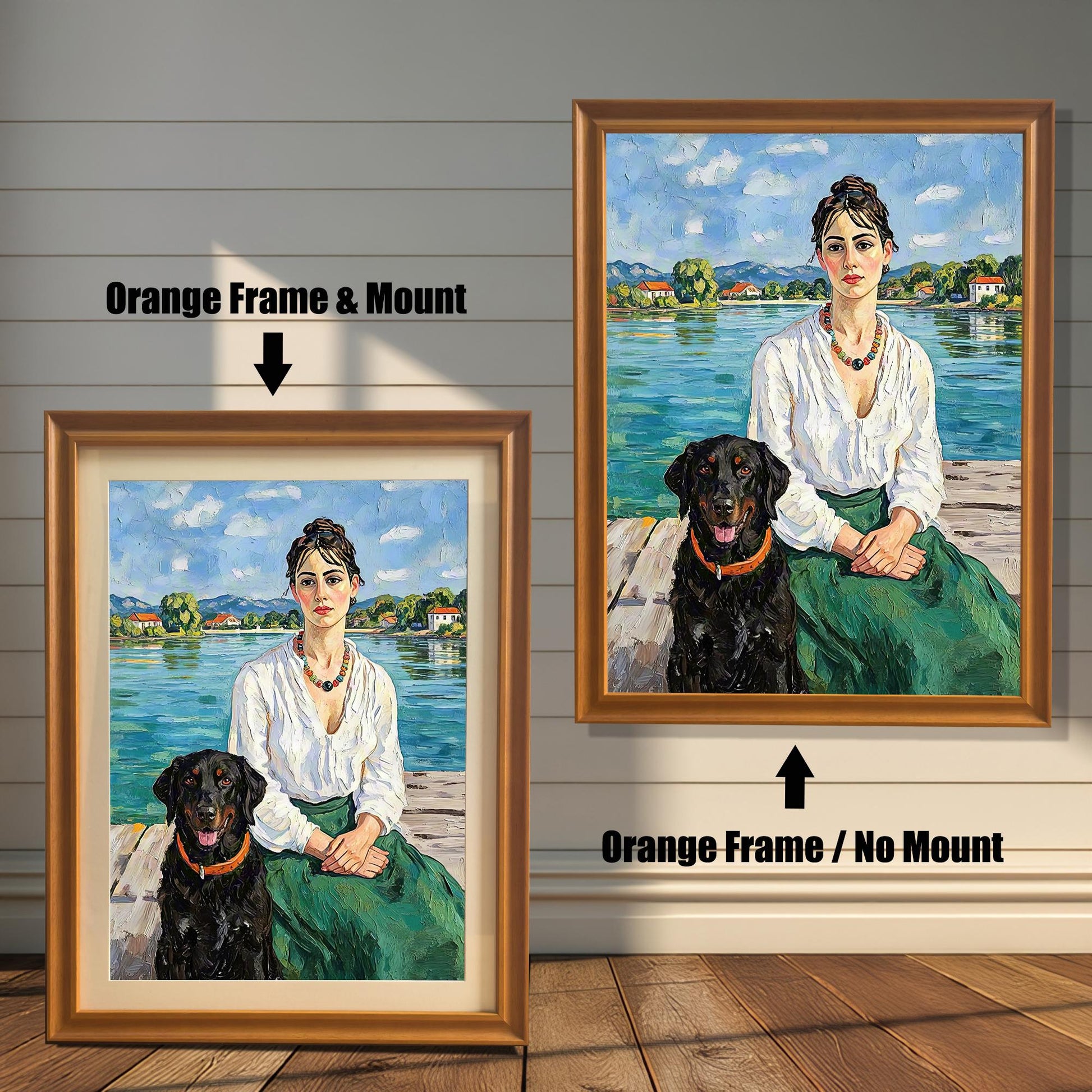 Two framed oil paintings of a woman and a black dog. One has an orange frame and a white mat, labeled "Orange Frame & Mount." The other has an orange frame with no mat, labeled "Orange Frame / No Mount."