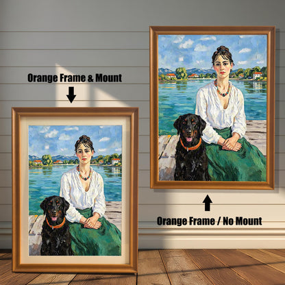 Two framed oil paintings of a woman and a black dog. One has an orange frame and a white mat, labeled "Orange Frame & Mount." The other has an orange frame with no mat, labeled "Orange Frame / No Mount."