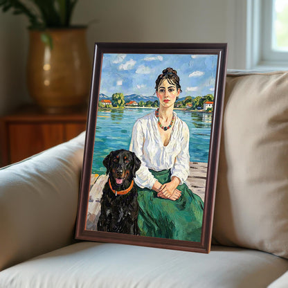 An oil painting of a woman and a black dog on a dock, framed in a coffee-colored frame and leaning against a beige sofa.