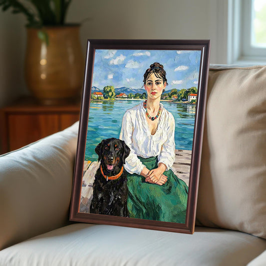 An oil painting of a woman and a black dog on a dock, framed in a coffee-colored frame and leaning against a beige sofa.