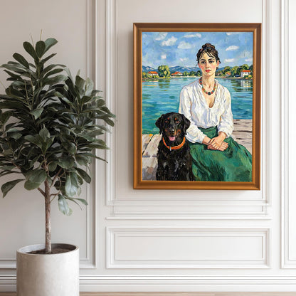 An oil painting of a woman and a black dog sitting on a dock by a lake, displayed in a gold-colored frame on a white wall with wainscoting next to a large potted plant.