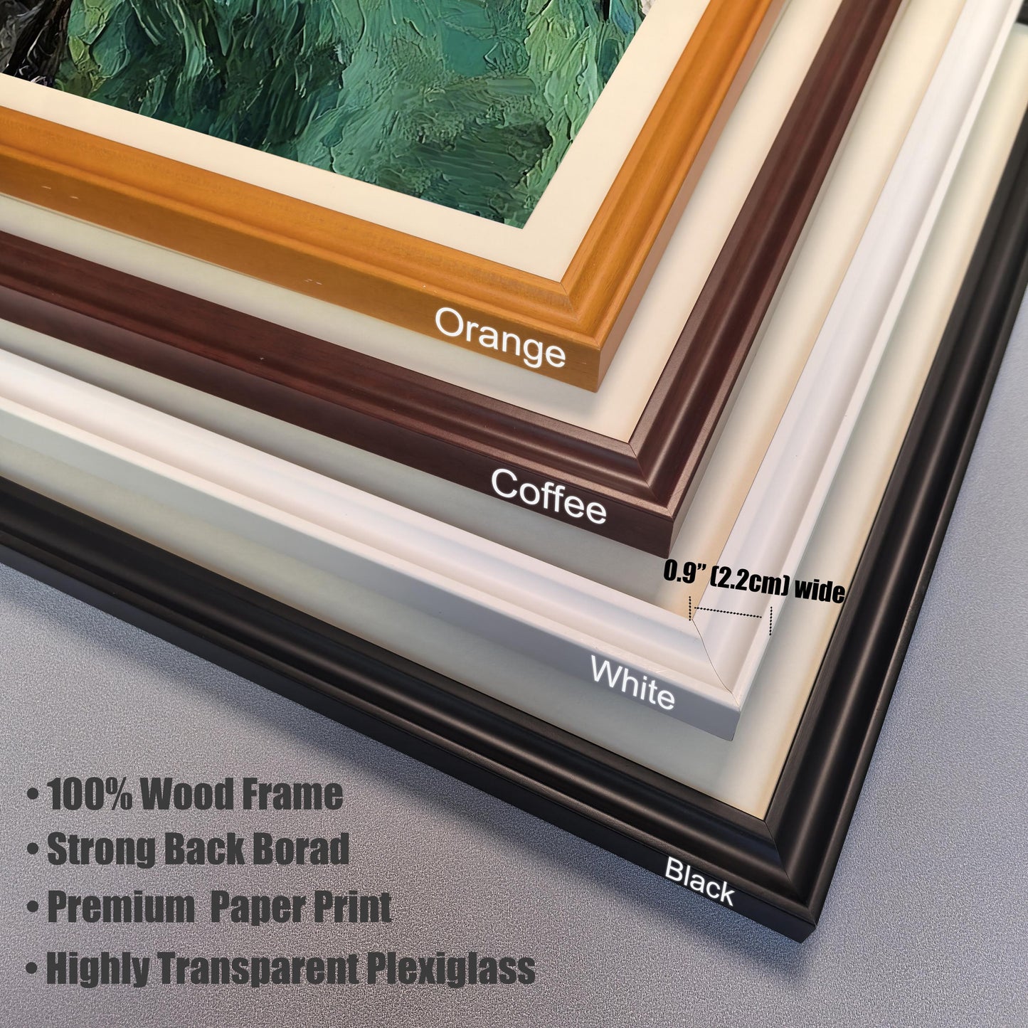 A close-up of four different frame corners, stacked to show the style and width. The frames are labeled Orange, Coffee, White, and Black. The text details the frames are 0.9" wide.