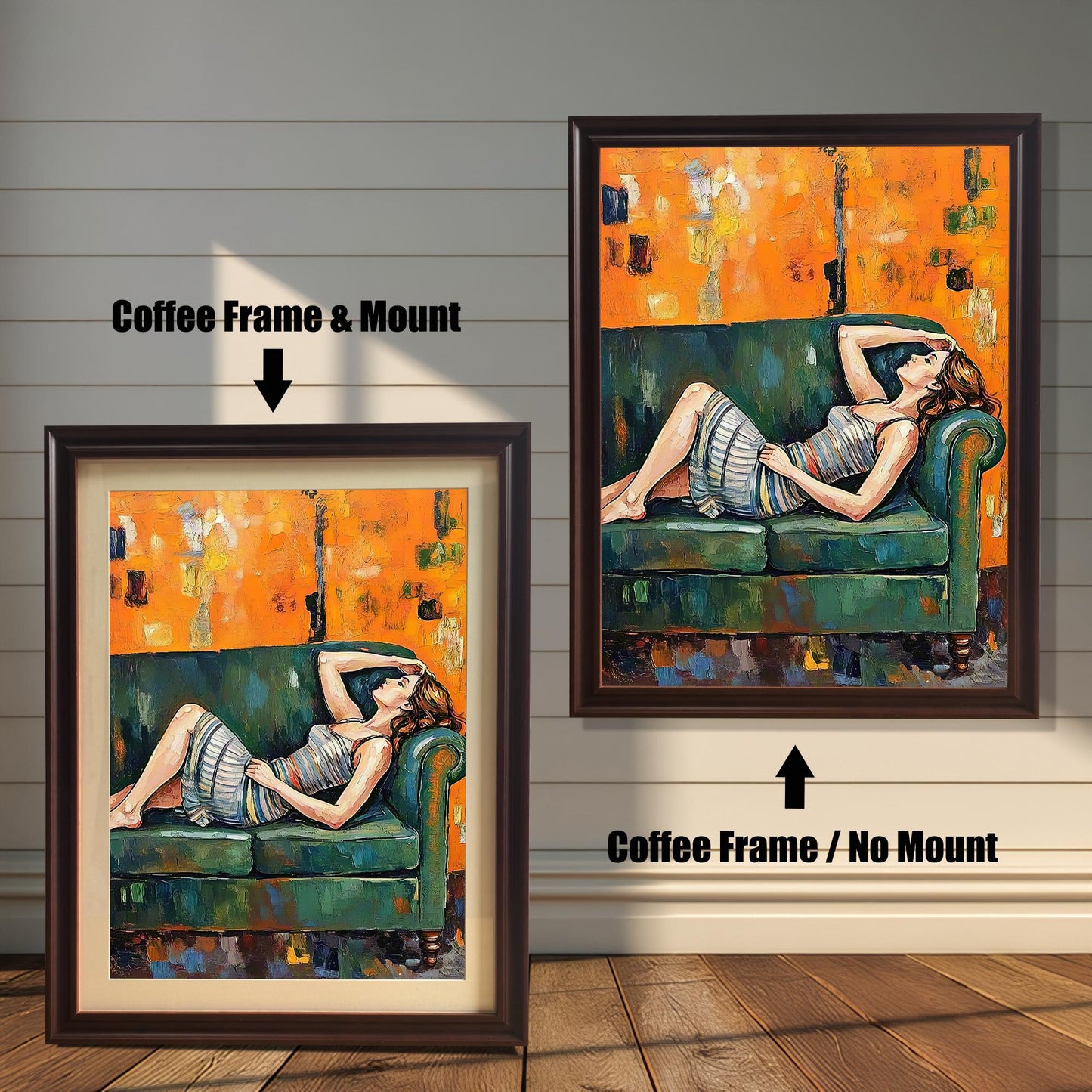 Two framed paintings are shown side by side. One is a "Coffee Frame & Mount," and the other is a "Coffee Frame / No Mount," showing the effect of a mat.