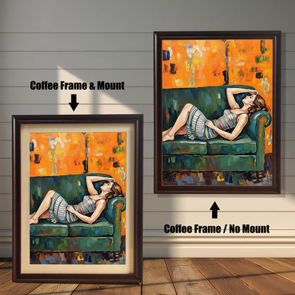 Two framed paintings are shown side by side. One is a "Coffee Frame & Mount," and the other is a "Coffee Frame / No Mount," showing the effect of a mat.