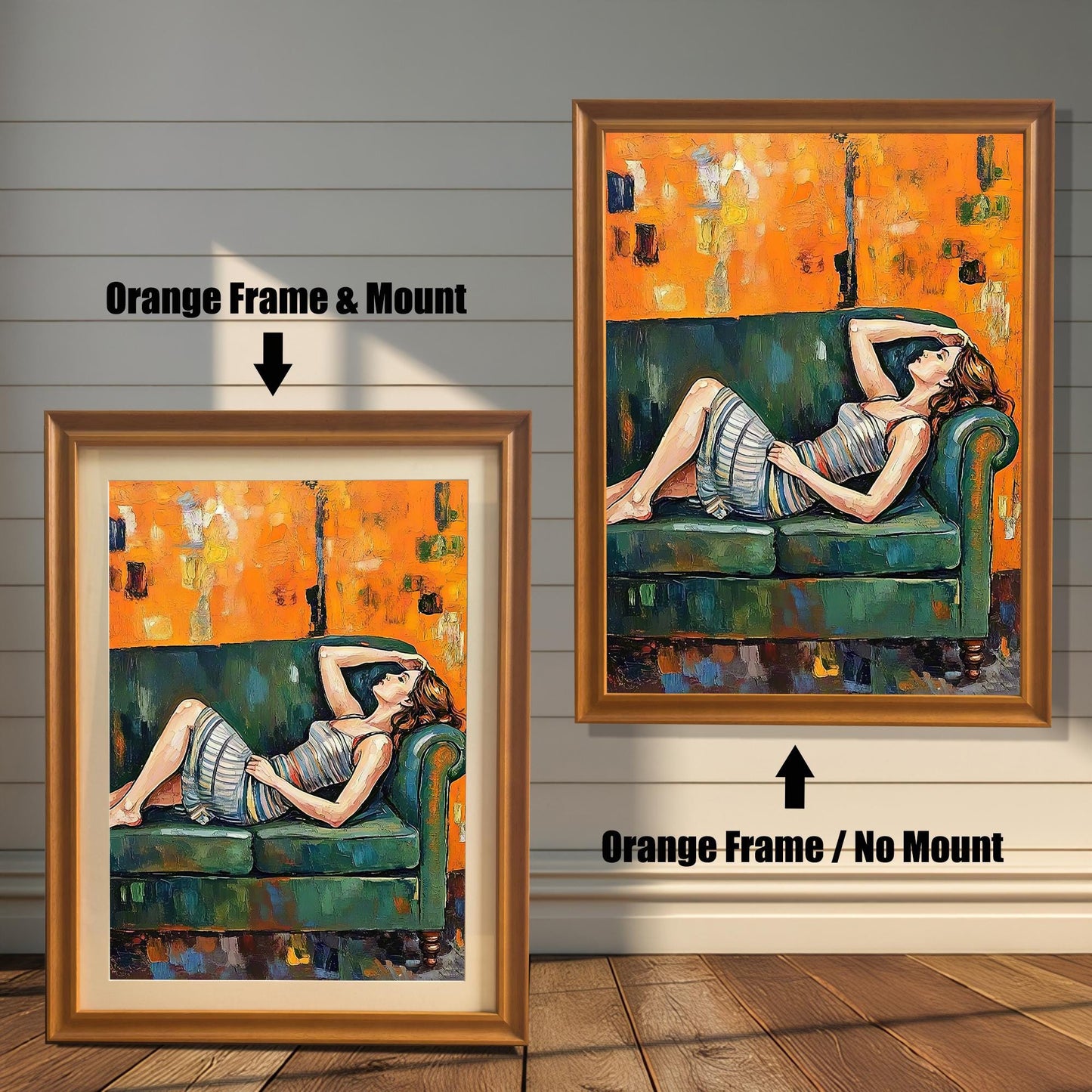 Two framed paintings are shown side by side. One is an "Orange Frame & Mount," and the other is an "Orange Frame / No Mount," showing the effect of a mat.