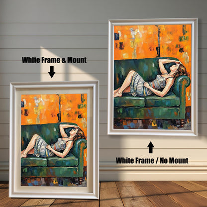 Two framed paintings are shown side by side against a paneled wall. One is a "White Frame & Mount," and the other is a "White Frame / No Mount," showing the effect of a mat.
