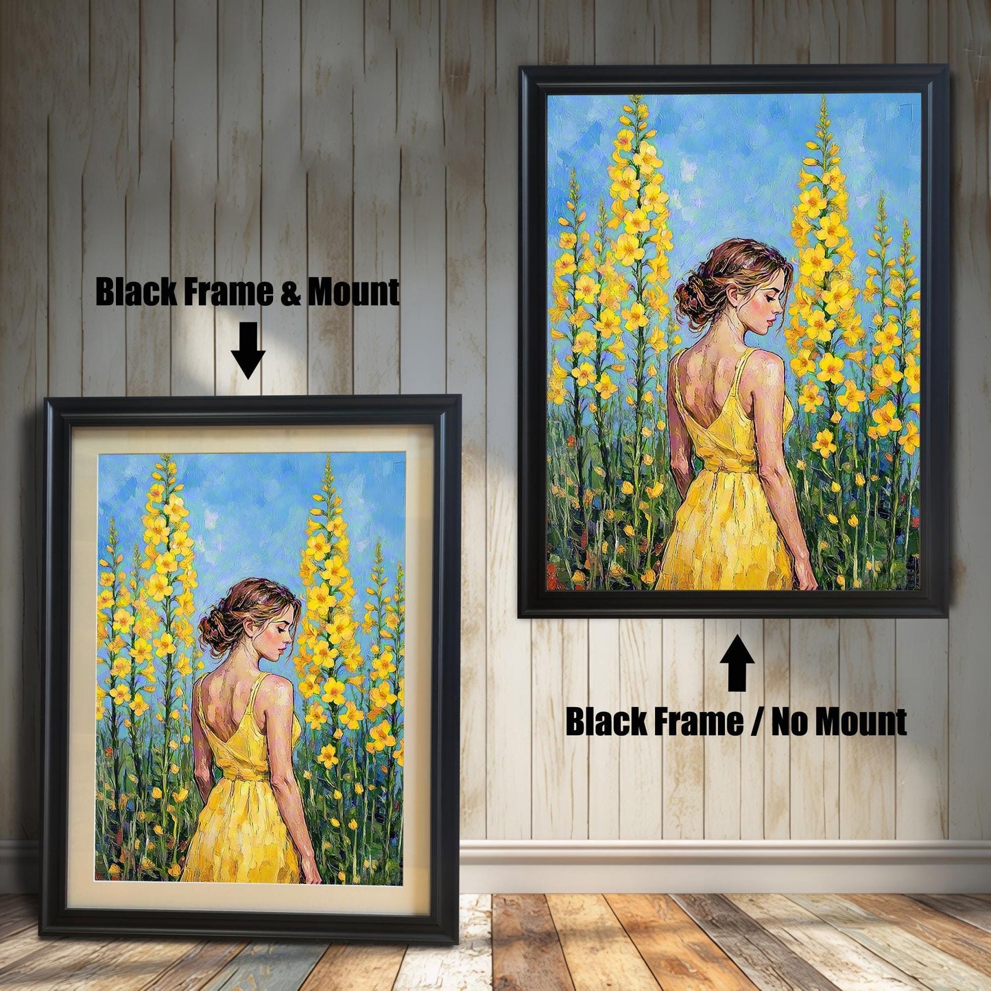 Two framed oil paintings of a woman in a yellow dress among flowers. One, labeled "Black Frame & Mount," has a black frame with a mat. The other, labeled "Black Frame / No Mount," has a black frame with no mat.