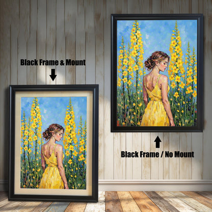 Two framed oil paintings of a woman in a yellow dress among flowers. One, labeled "Black Frame & Mount," has a black frame with a mat. The other, labeled "Black Frame / No Mount," has a black frame with no mat.