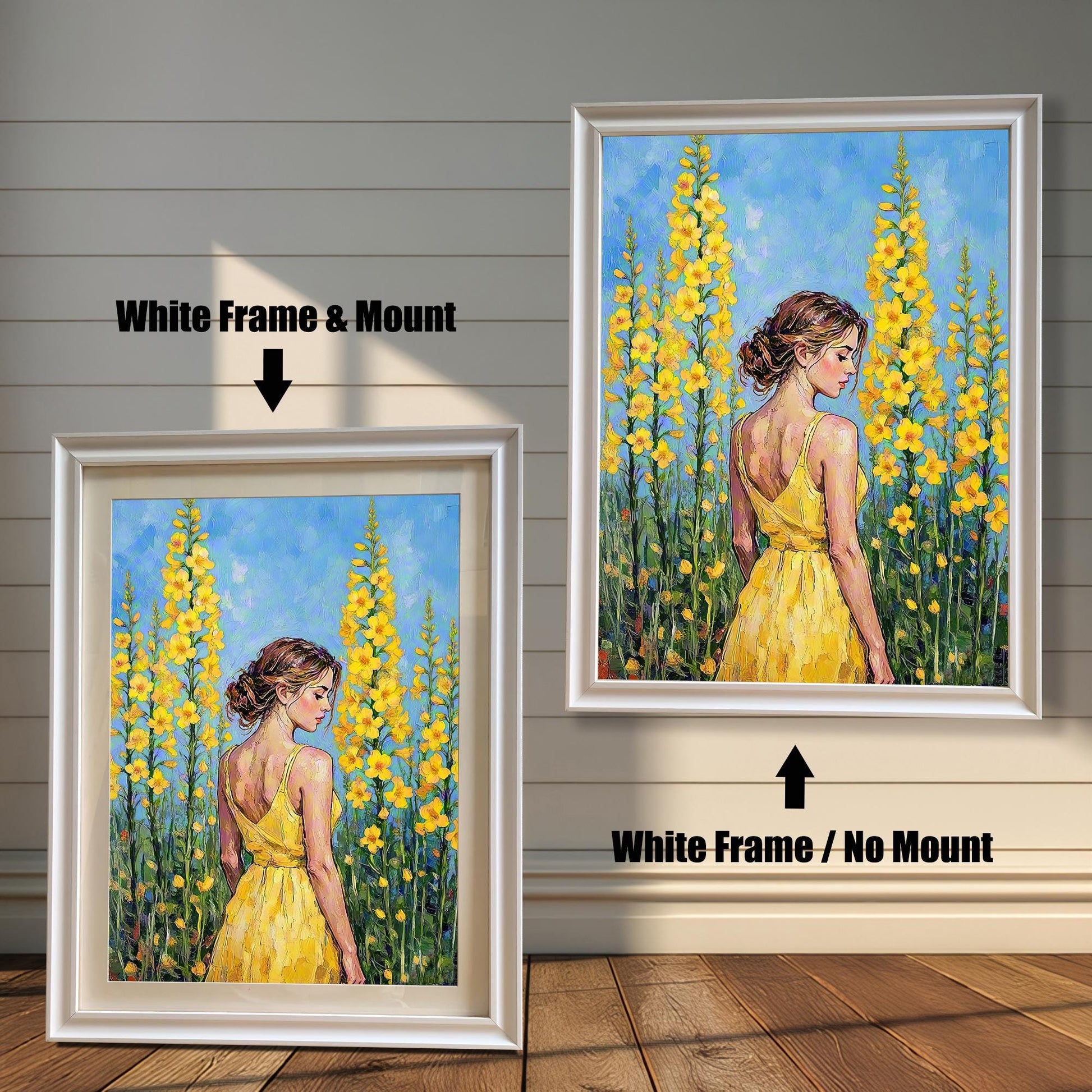 Two framed oil paintings of a woman in a yellow dress among flowers. The one on the left, labeled "White Frame & Mount," has a white frame with a mat. The one on the right, labeled "White Frame / No Mount," has a white frame with no mat.