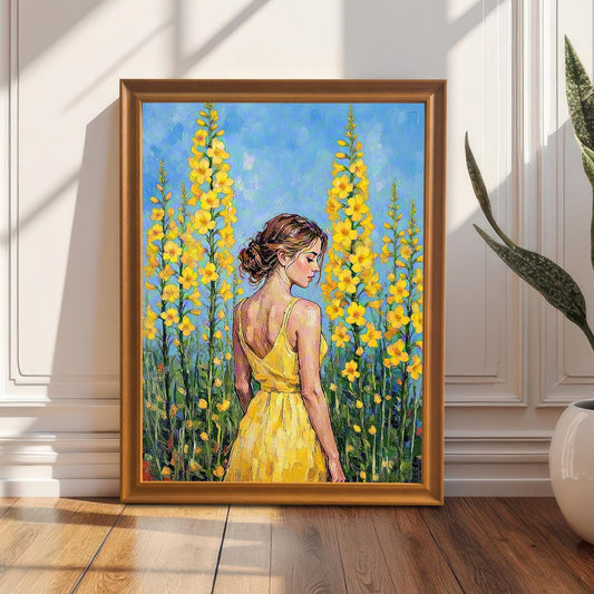 An oil painting of a woman in a yellow dress among flowers, framed in a orange-colored frame and leaning on a wooden floor against a white wall.
