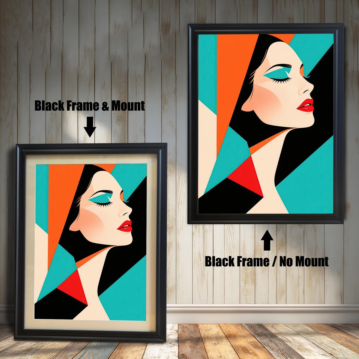 Two versions of an abstract portrait with a woman in a black frame. The one on the left has a mat, and the one on the right has no mat.